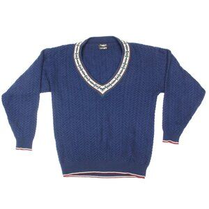 Vintage CHRISTIAN DIOR Monsieur Blue Wool V-Neck Tennis Sweater Men's size M 274